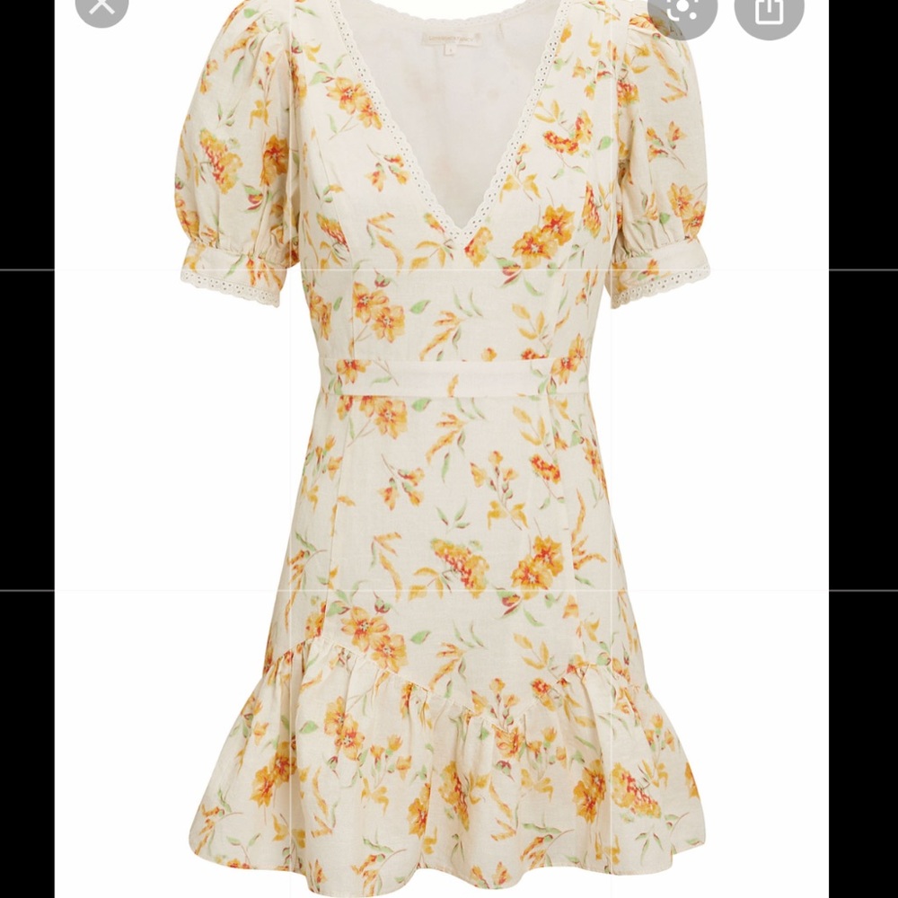 LoveShackFancy Floral Mini Dress in Ivory with Peach & Green